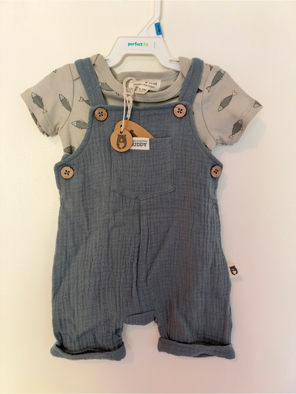 Blue Muslin Overalls with Fish Onesie - Baby 6-9m Organic Cotton